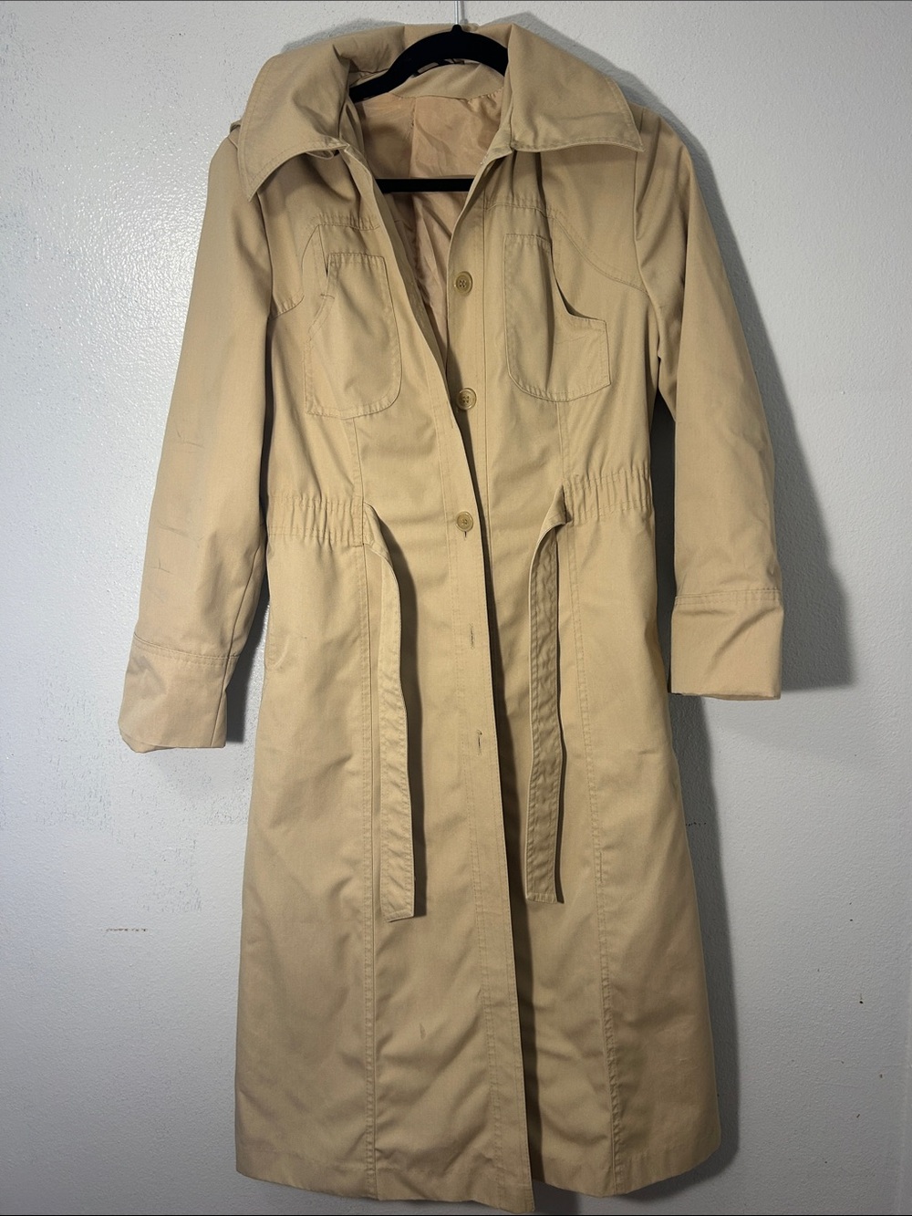 Vintage 80s Beige Hooded Trench Coat Women’s Size 8/10 Long Rain Coat